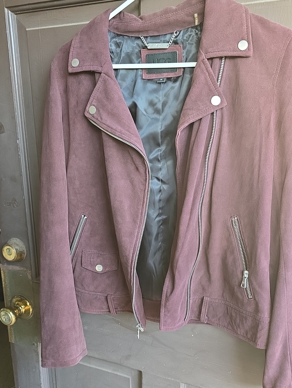 UGG women ,Stacey Suede Moto Biker Jacket Burgundy Plum Port Size M Missing Belt